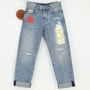 N21 Kids Distressed Graphic Denim Jeans Blue Light Wash N21544 Size 10Y Designer
